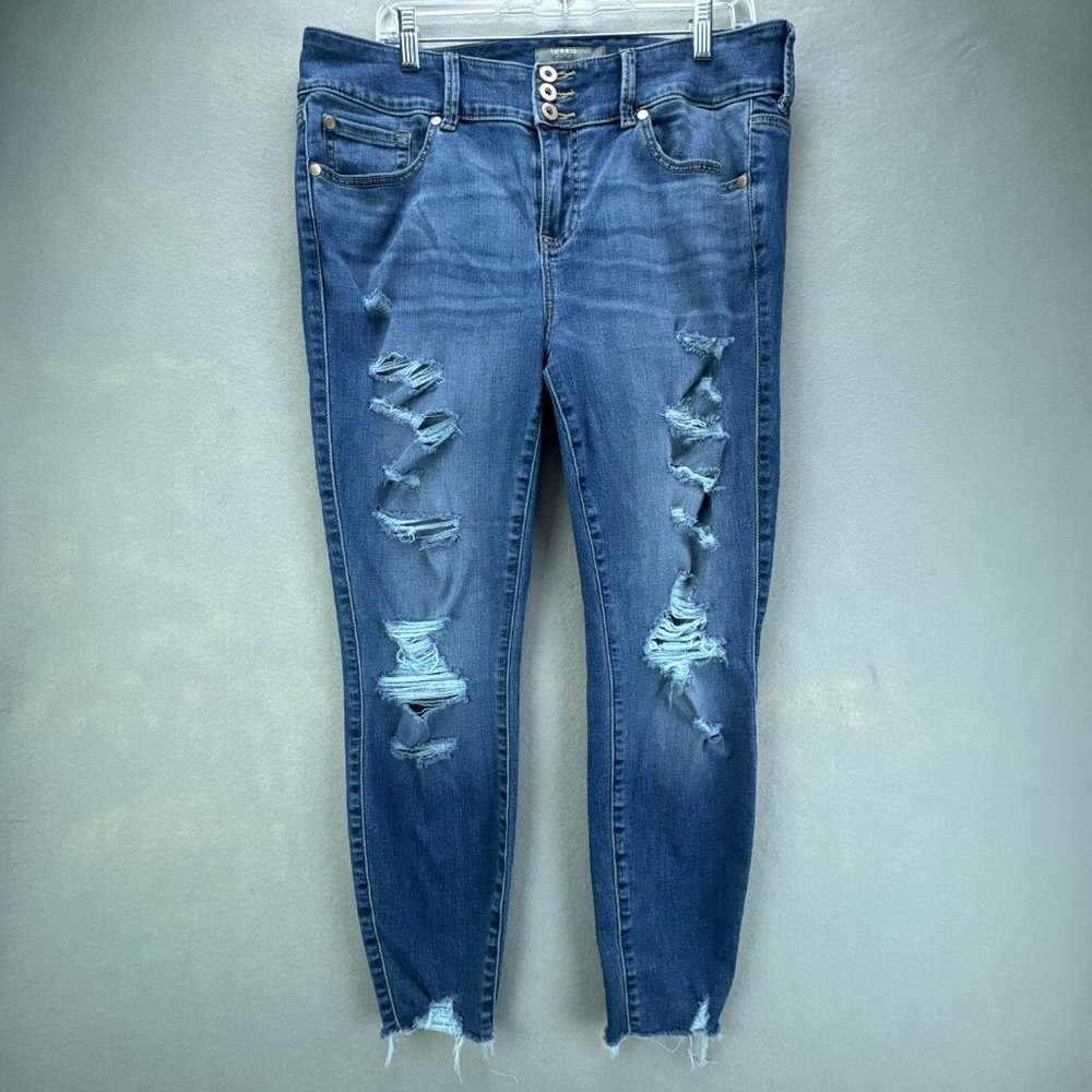 Torrid Jeans Womens 14R‎ Blue Jegging Distressed Frayed Hem Stretchy Super Soft
